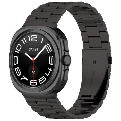 Black three-bead metal watch band fitted to a round smartwatch