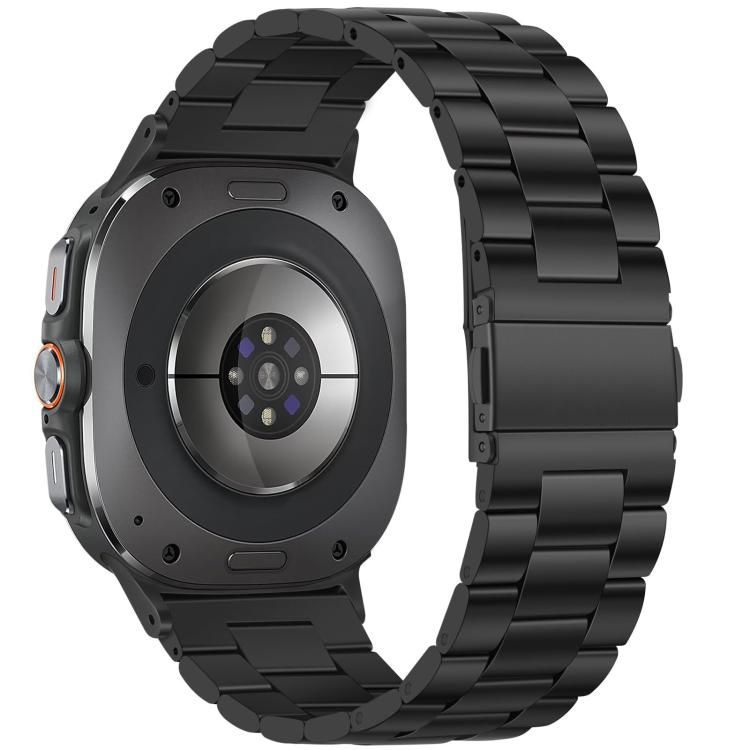 Back view of black three-bead metal watch band fitted to a smartwatch