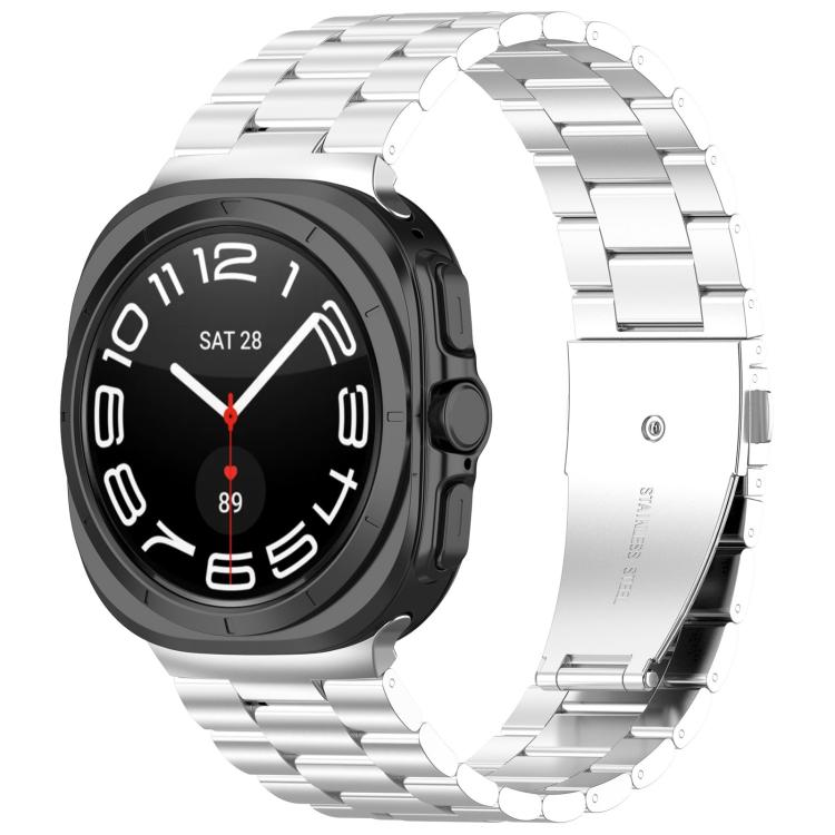 Silver three-bead metal watch band fitted to a round smartwatch