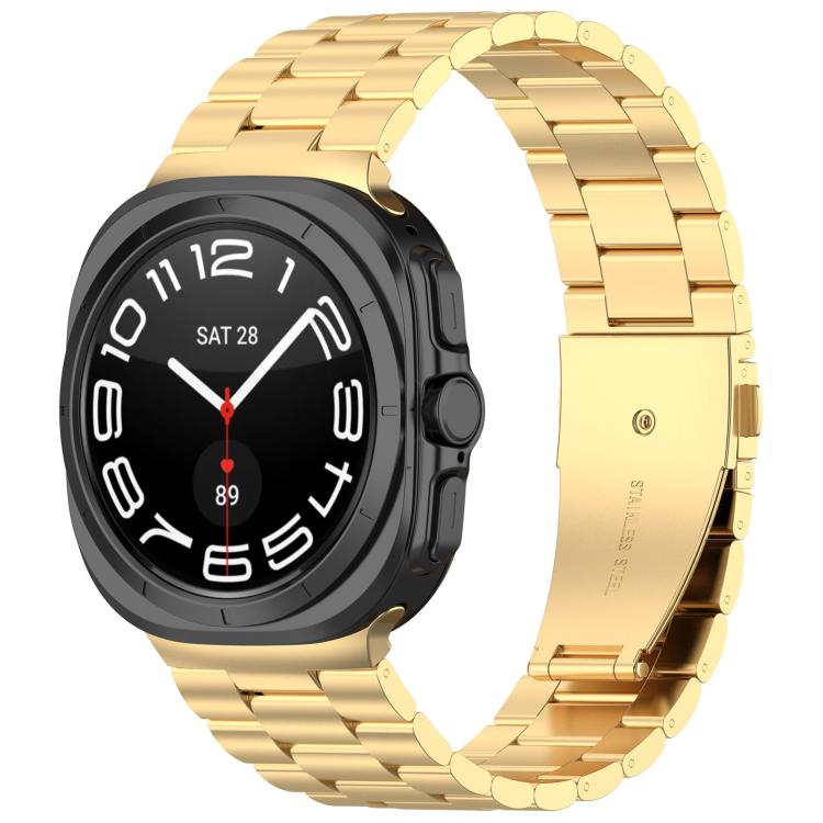 Gold three-bead metal watch band fitted to a round smartwatch