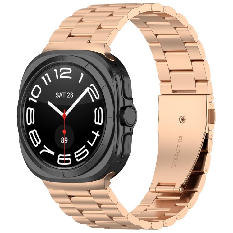 Rose gold three-bead metal watch band fitted to a round smartwatch