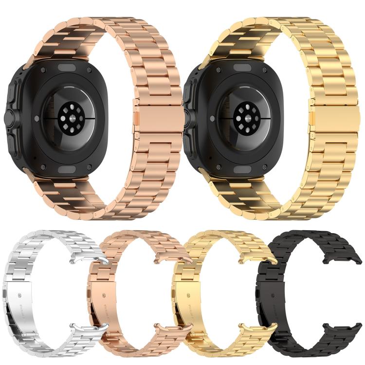 Metal link watch bands in four colors, shown from the back with watch sensors visible.