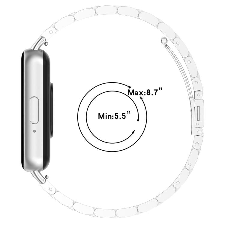 Silver metal link watch band with a wrist fit range of 5.5 to 8.7 inches.