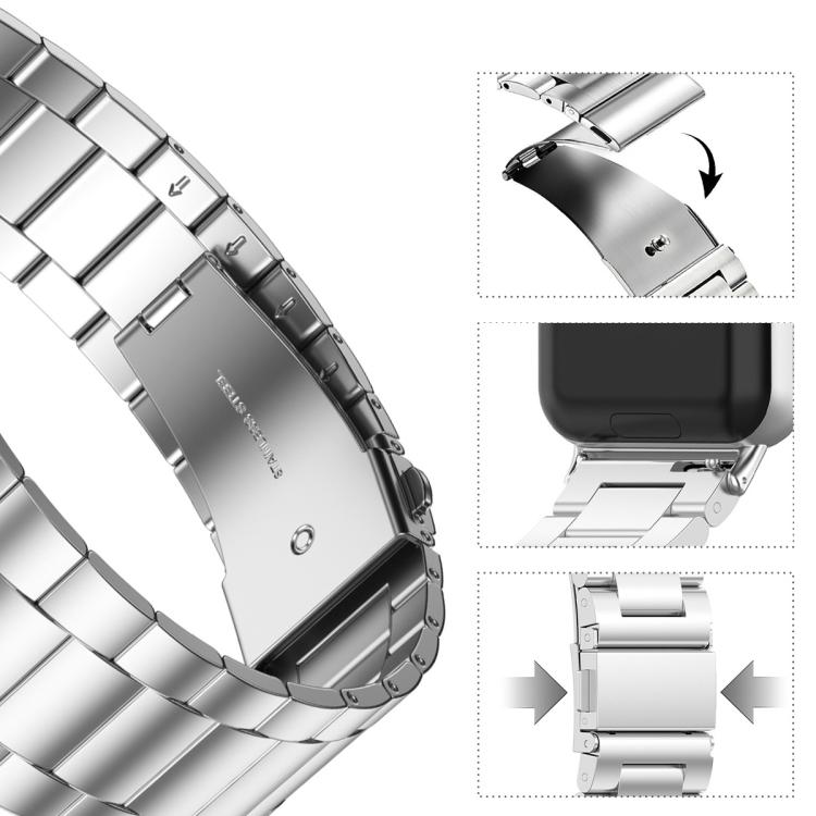 Silver metal link watch band showing its folding clasp and removable link adjustment.