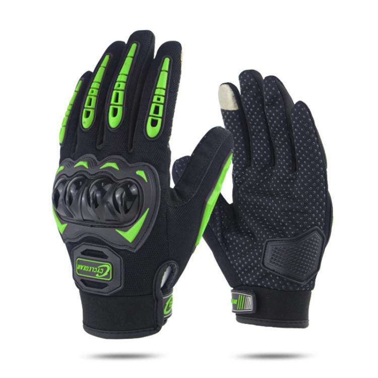 Black full-finger motorcycle riding gloves with neon green accents, textured grip palm