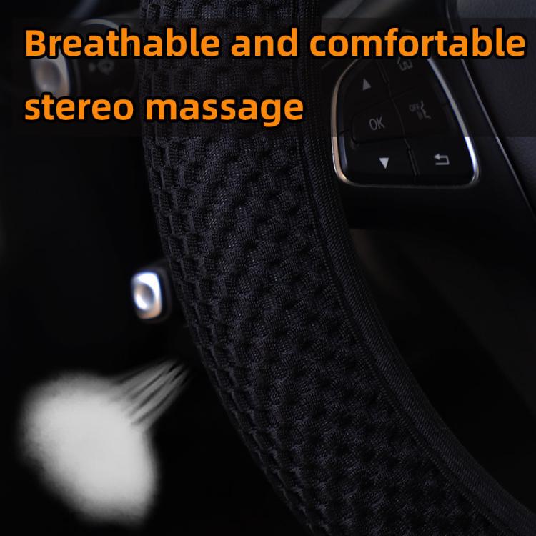 Close-up of black breathable mesh steering wheel cover texture and elastic edge