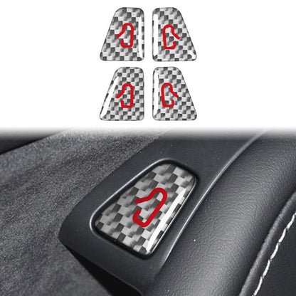 Carbon fiber checkered door switch sticker with red symbol, applied on car interior panel