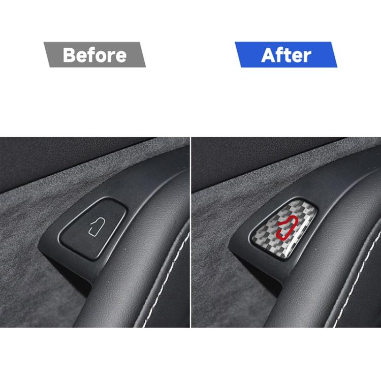 Car door switch area before and after, showing carbon fiber checkered sticker with red symbol