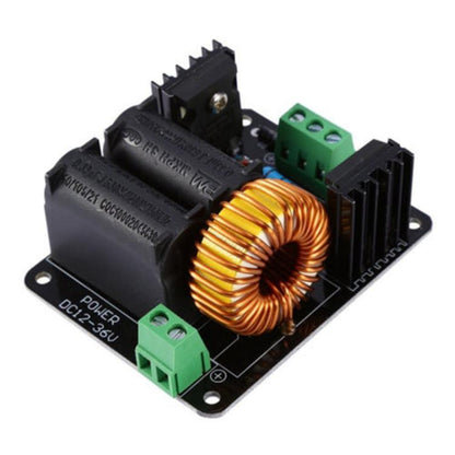 Black wireless power driver PCB with copper coil, green screw terminals, and ICs
