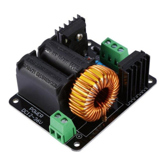 Black wireless power driver PCB with copper coil, green screw terminals, and ICs