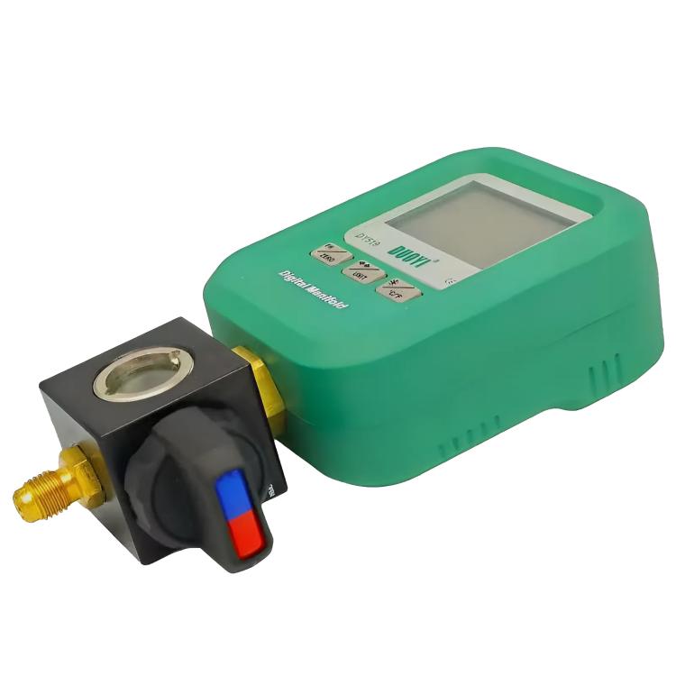 Digital manifold gauge with angled LCD body, black valve block and brass side connector