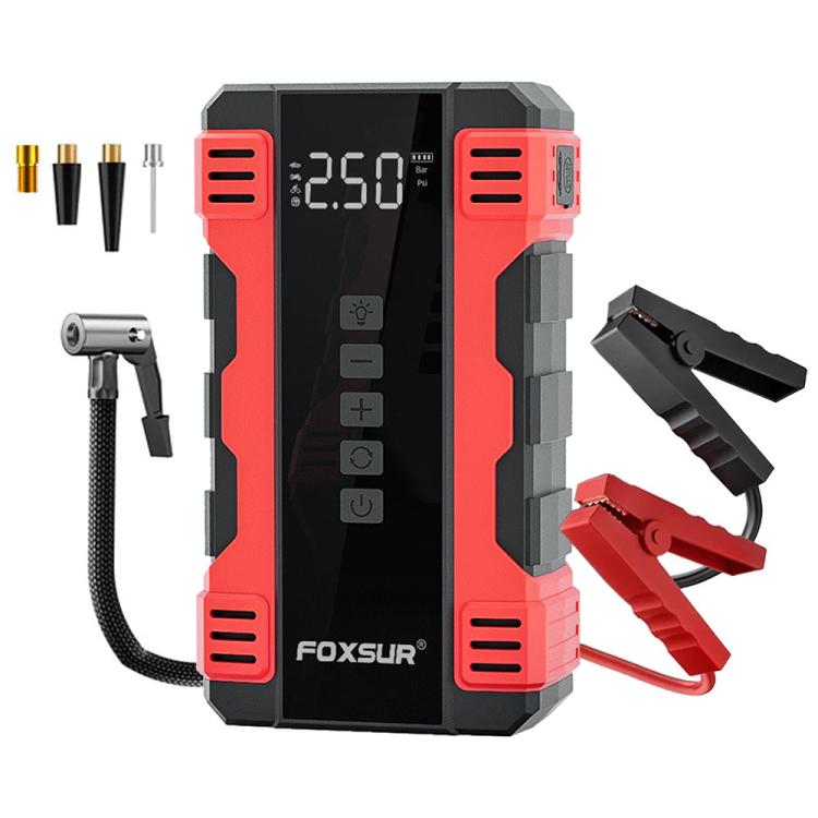 Red FOXSUR jump starter and portable air compressor with digital screen and clamps