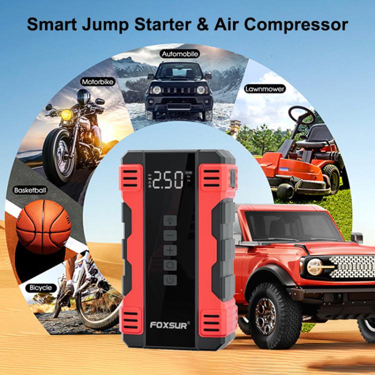 Red-and-black FOXSUR smart jump starter and air compressor with digital display