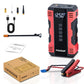 Red car emergency starter and air pump with digital display and clamps