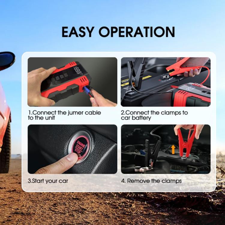 Red FOXSUR jump starter with control buttons and visible clamp connection leads