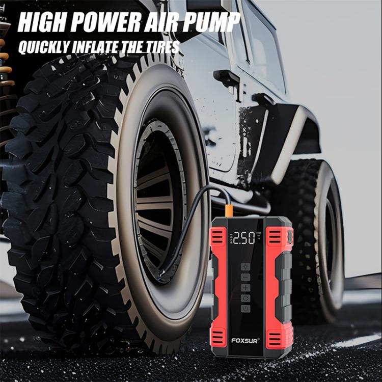 FOXSUR portable air pump inflating a tire with pressure display and hose