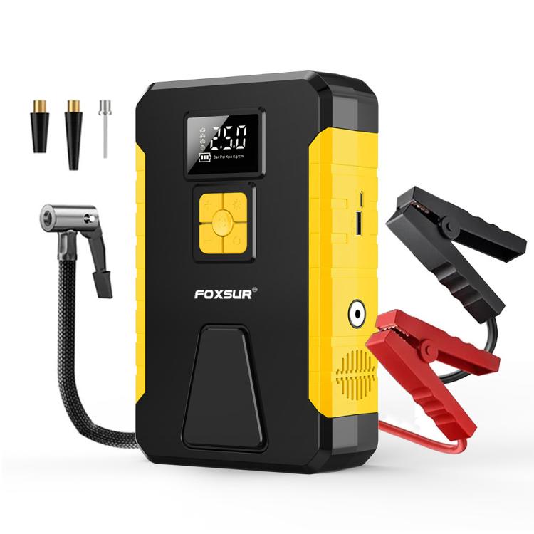 Yellow/black car emergency starter and air pump with LED screen and red clamps
