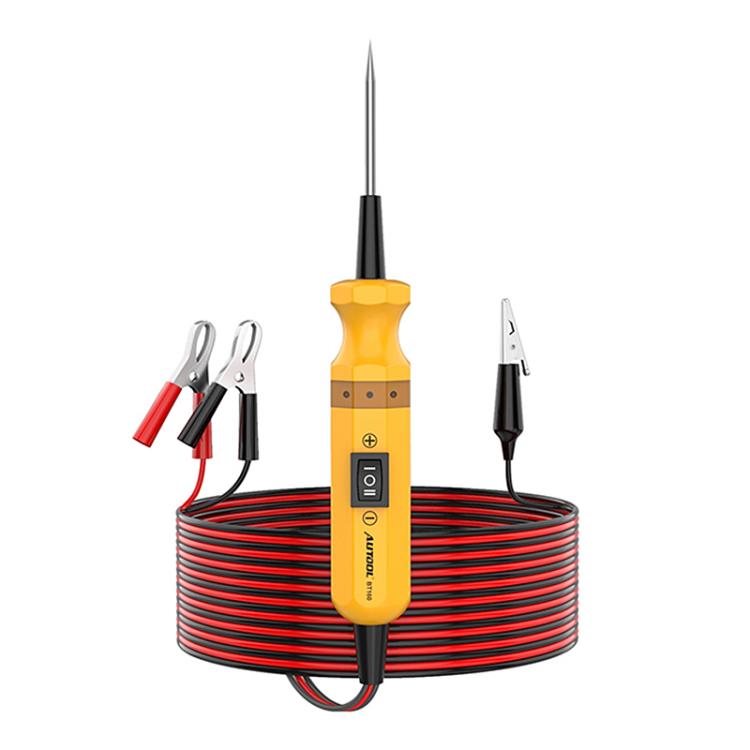 Yellow car circuit tester with probe tip, red/black leads, and clamp accessories
