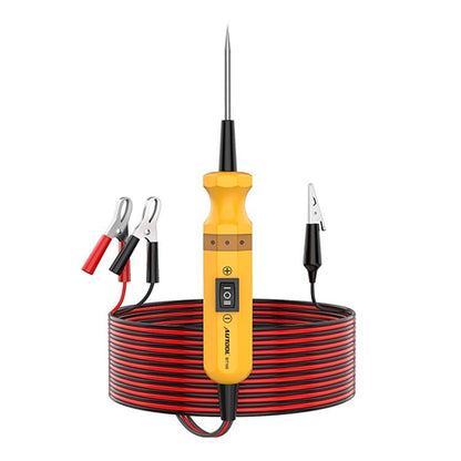 Yellow car circuit tester with probe tip, red/black leads, and clamp accessories