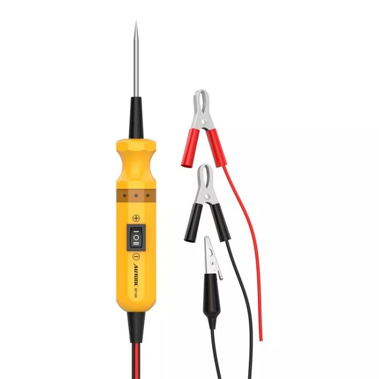 Yellow circuit tester with long probe and alligator clamp leads for automotive checks