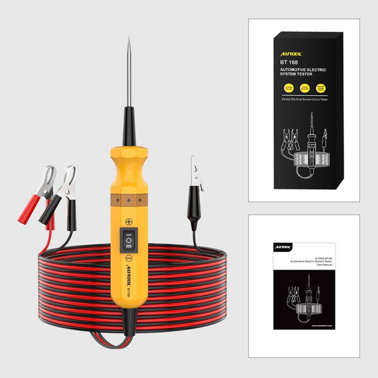 Car electrical circuit tester with yellow handheld unit and probe cables