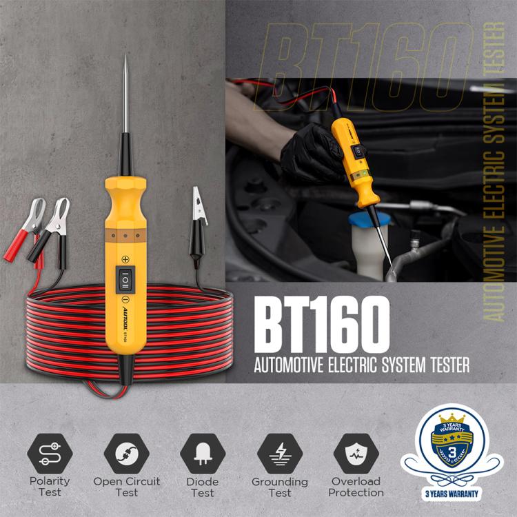 Yellow circuit tester on red-and-black coiled cable with probe and clip lead set