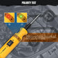 Yellow handheld circuit tester with probe tip and switch panel for polarity checks