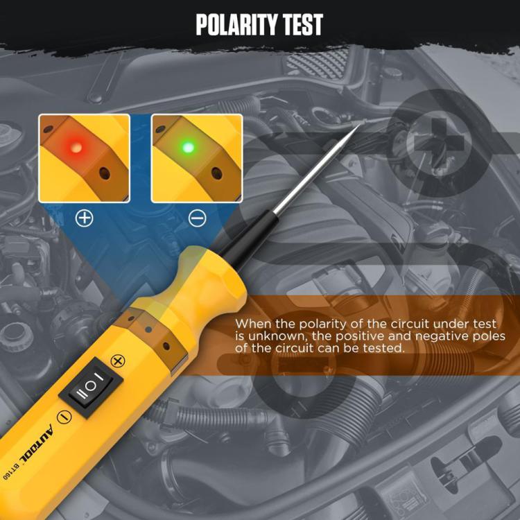 Yellow handheld circuit tester with probe tip and switch panel for polarity checks