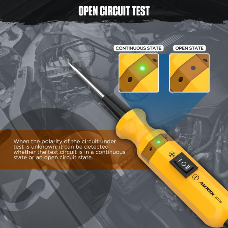 Yellow handheld circuit tester with probe pin, control switch, and connected lead cables