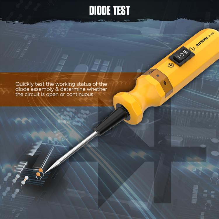 Yellow handheld circuit tester angled with probe pin and insulated diagnostic leads