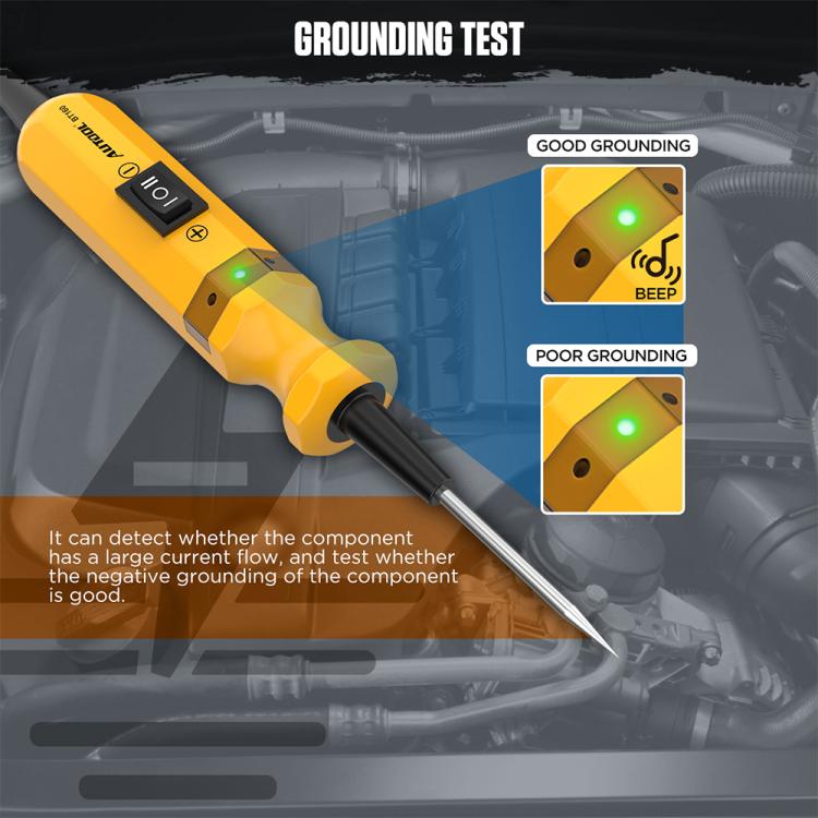 Yellow circuit tester with probe pin and green indicator window for grounding testing