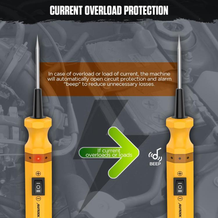 Yellow circuit tester with two probe tips, power switch, and current overload alert