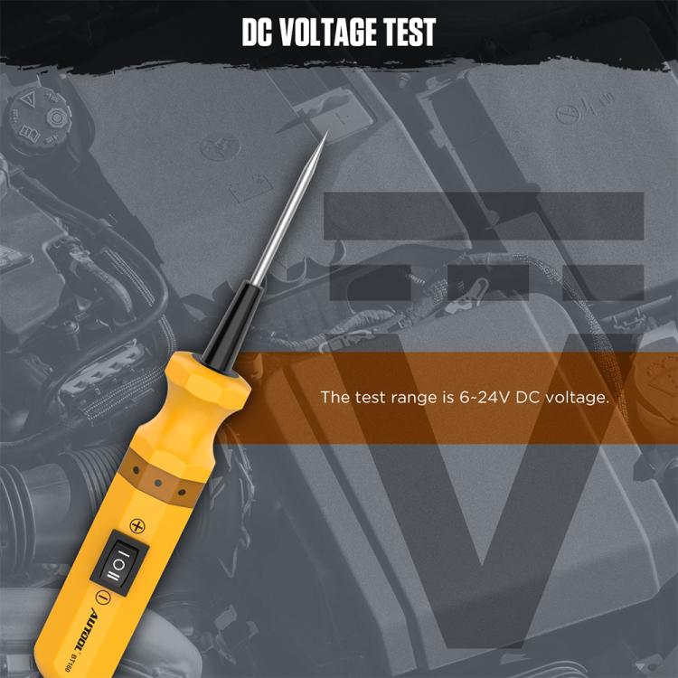 Yellow circuit tester with probe tip and power switch for DC voltage measurement