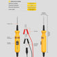 Yellow circuit tester showing probe tip, indicator window, power switch, and clamps