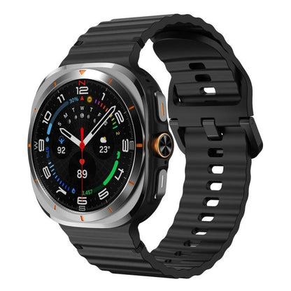 Black wavy-grain silicone watch band with stitched edges, shown attached to a smartwatch