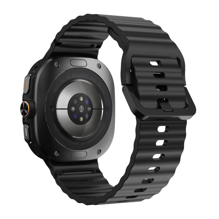 Back view of a black wavy-grain silicone watch band attached to a smartwatch