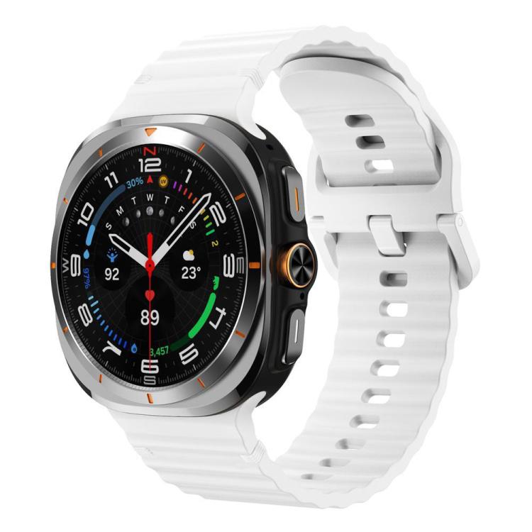 White wavy-grain silicone watch band attached to a smartwatch