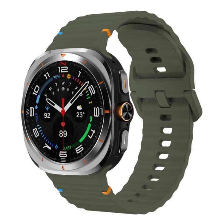 Army green wavy-grain silicone watch band attached to a smartwatch