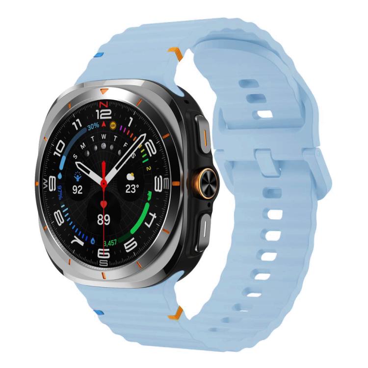 Light blue wavy-grain silicone watch band attached to a smartwatch