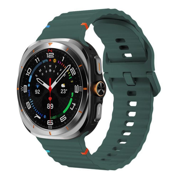 Deep green wavy-grain silicone watch band attached to a smartwatch