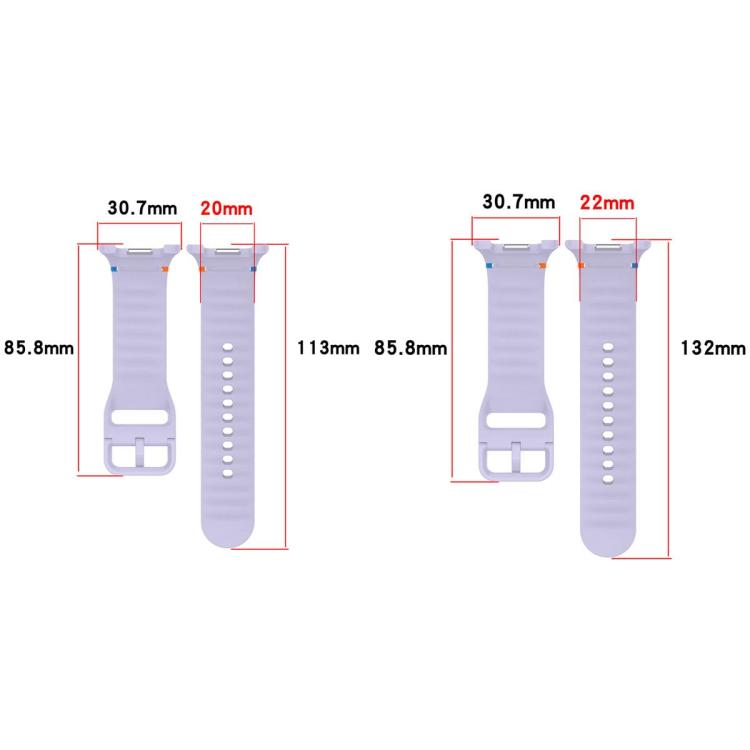 Watch band sizing diagram showing two widths and strap lengths with measurements