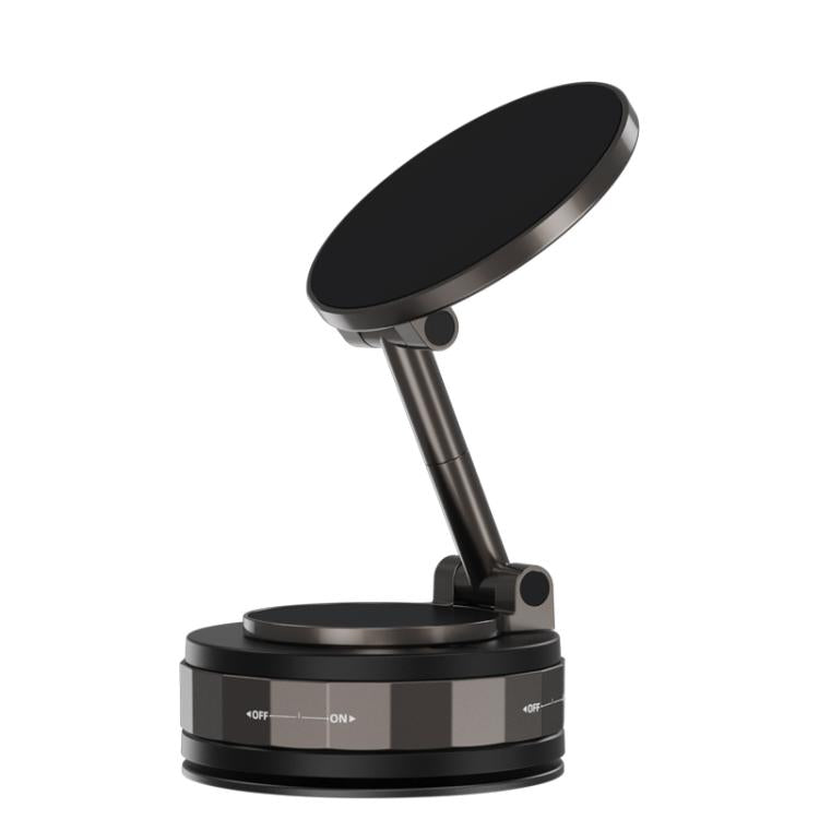 Black rotating vacuum phone holder with circular pad and adjustable stand