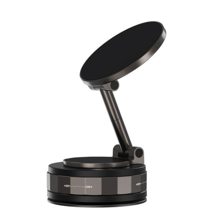 Black rotating vacuum phone holder with circular pad and adjustable stand