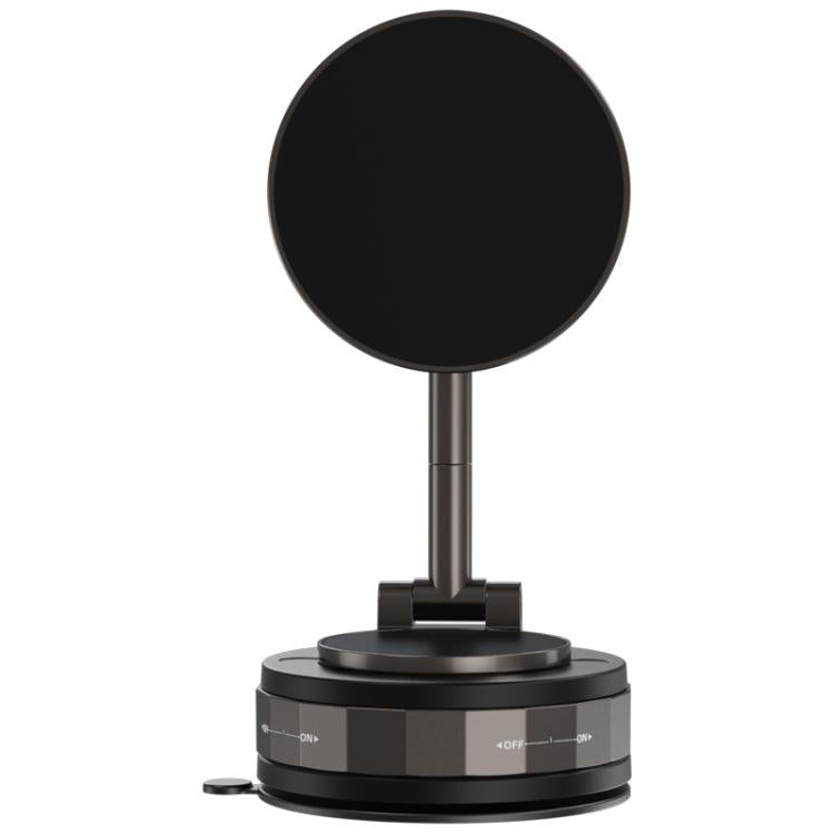 Black circular vacuum phone holder base with upright rotating arm