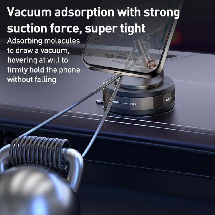 Black vacuum phone holder securing a smartphone on a car dashboard