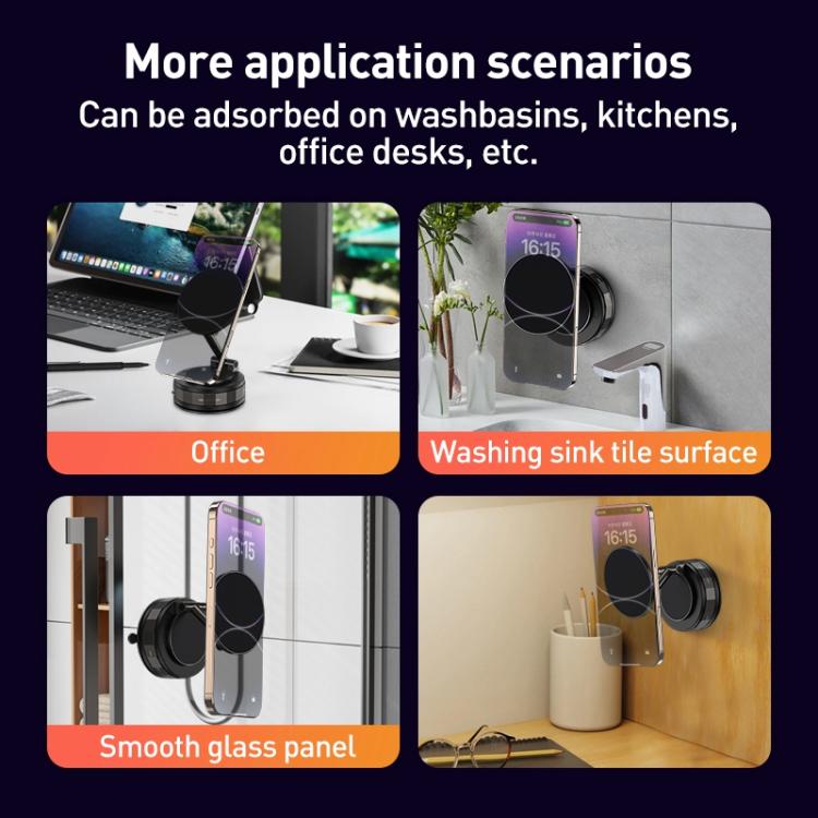 Black vacuum phone holder mounting a smartphone on flat surfaces