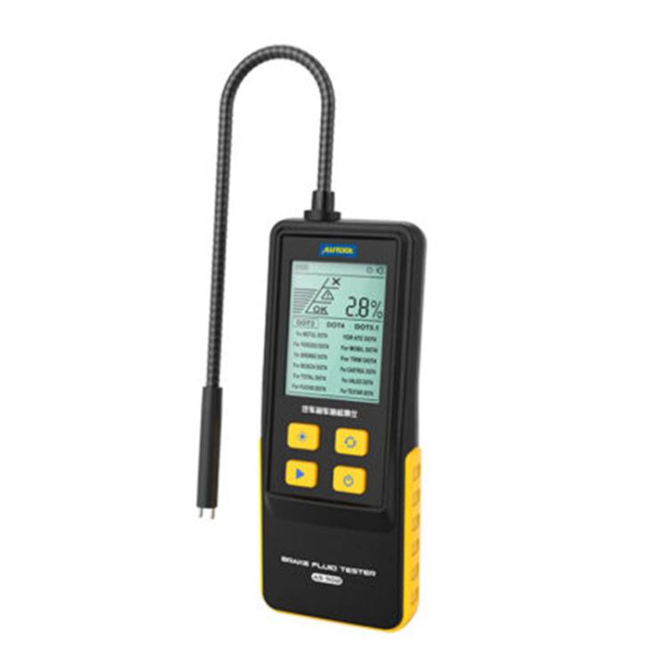 Handheld digital brake fluid tester with LCD screen and coiled probe hose