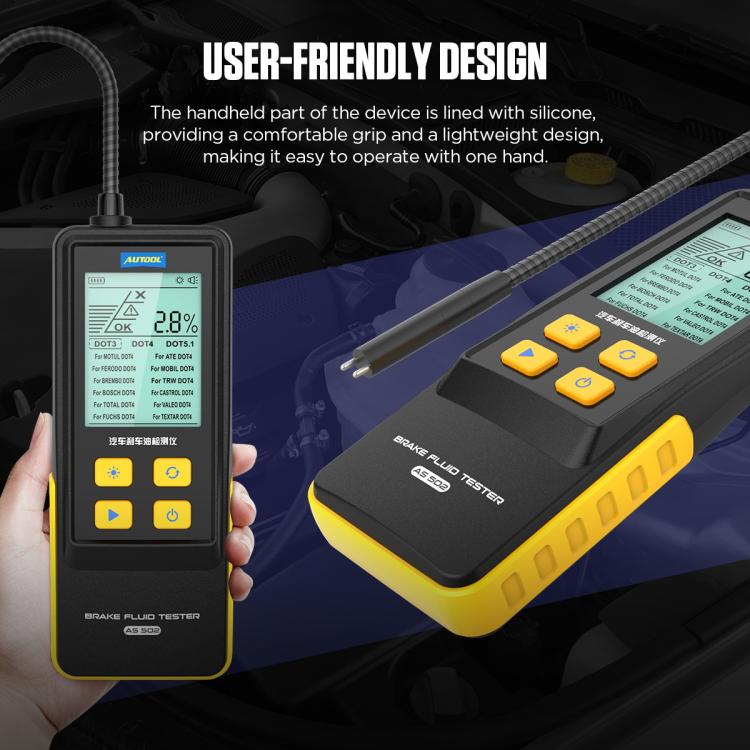 Handheld brake fluid tester with silicone grip, yellow side accents, and keypad