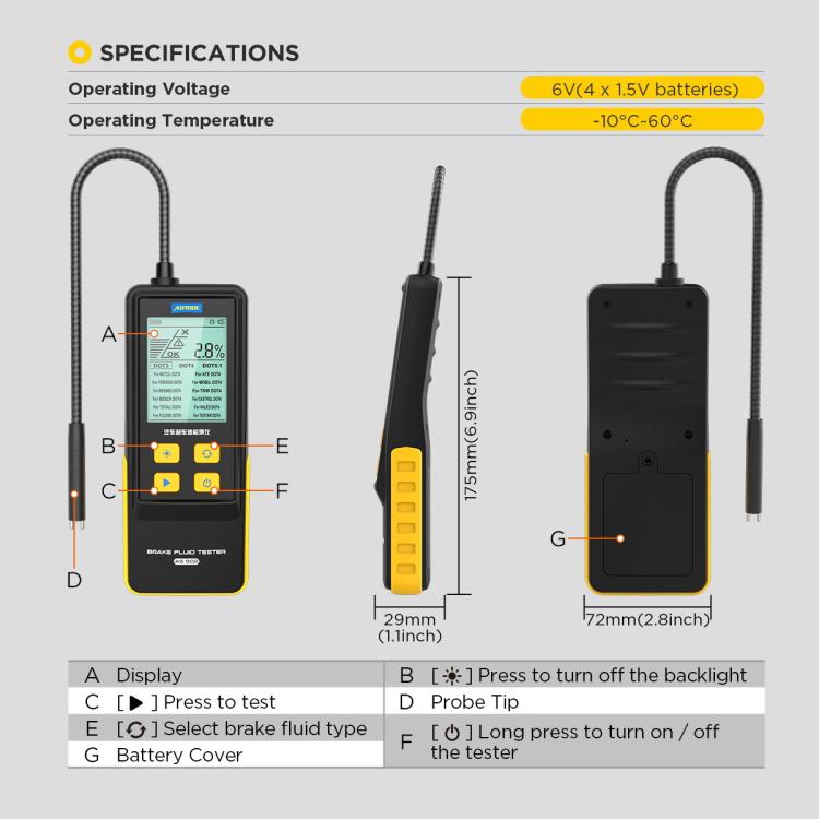 Brake fluid tester diagram showing LCD, buttons, battery cover, and probe leads