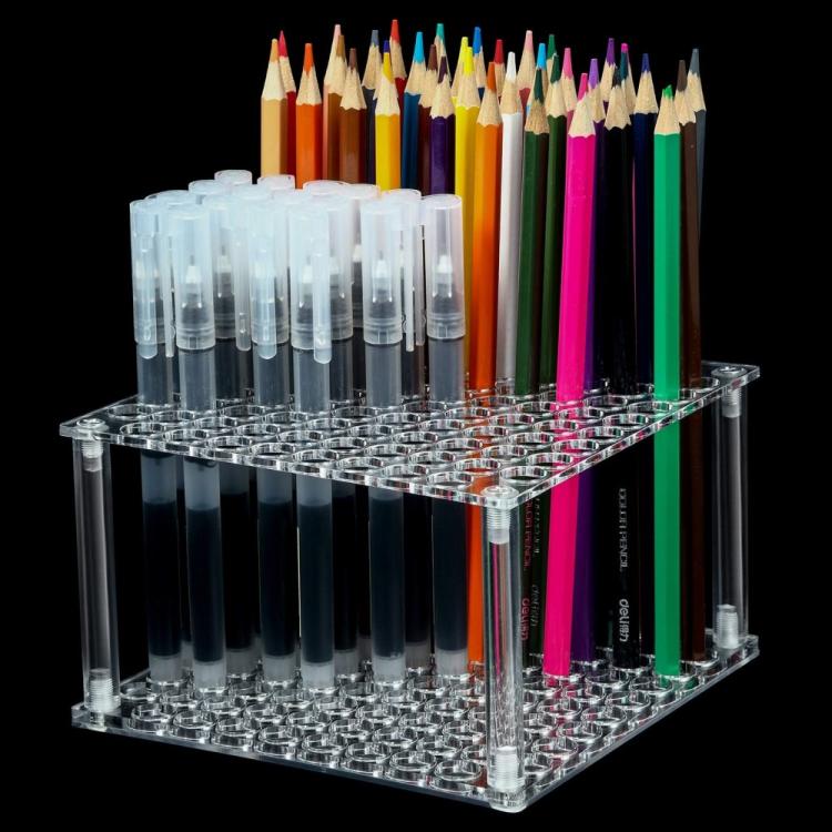 Transparent 96-hole acrylic brush/pencil stand with colored pencils inserted
